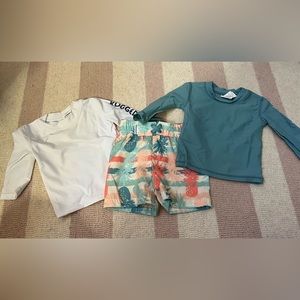 Rugged Butts shorts with 2 rash guard shirts size 3-6 months